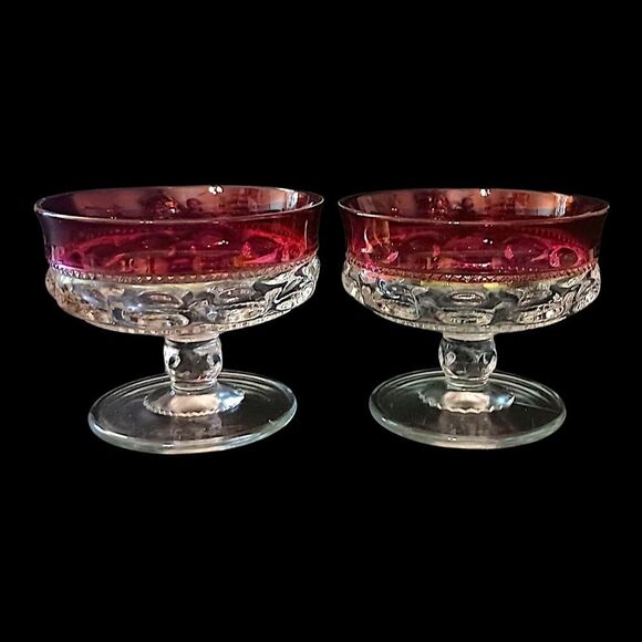 2 Kings Crown Thumbprint Sherbet Dishes Dish Set Ruby Red Flash Indiana Glass - Picture 9 of 16
